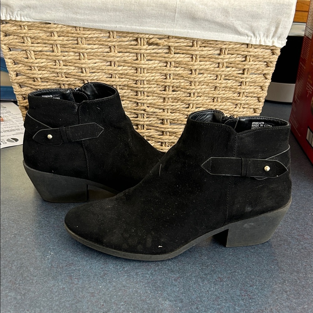 Black Suede Ankle Boots with Decorative Strap - Women